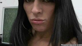 Brunette Shemale Strokes Her Thick Cock Close Up