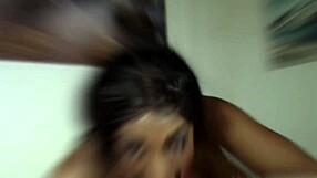 Cute sexy ebony babe chokes on massive white cock then fucks it balls deep.