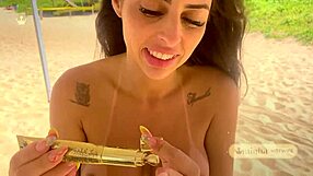 rainha hotwife tests liquid gel vibrator nude on nudist beach 😏🏖️🔥