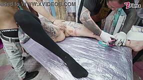 tattoo babe's big tits jiggle during intense anal gaping fuck