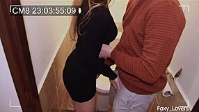 Hot Blonde Milf Housewife in Heels and Dress Cheats on Husband with Stranger's Big Cock in Public Toilet Doggystyle Creampie