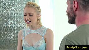 Guy unloads thick cumshot on blonde masseuse's oiled ass after nuru doggystyle pounding