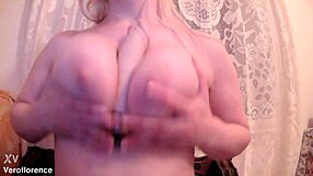 Blonde Stuffs Huge Dildo Between Massive Tits and Boobs Play