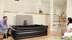 whoa naughty big tit brunette masseuse gal ritchie films wet naked nuru massage on seth gamble pussy tease