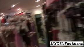 Jayden Jaymes strips in changing room plays with big tits and pussy solo