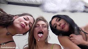 Three brazen girls spit all over your face in group humiliation