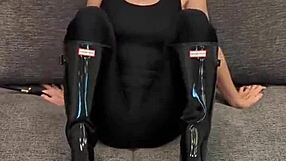 BLACK BODYSUIT HUGS CURVES WITH HOT HUNTER BOOTS ON!