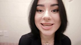 Raw creampie floods tight pussy sans condom in public toilet