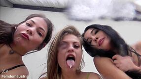 Three brazen girls spit all over your face in group humiliation