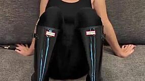BLACK BODYSUIT HUGS CURVES WITH HOT HUNTER BOOTS ON!
