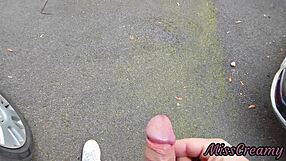 Hot girl strokes my flashing cock between cars till cumshot