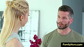 Guy unloads thick cumshot on blonde masseuse's oiled ass after nuru doggystyle pounding