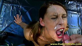 Petite Brunette Whore's Pussy Pounded Before Bukkake Cum Drenched Facial