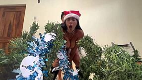 Busty stepdaughter unwraps her body as New Year's gift for stepdad