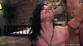 How does girlfriend slave gag deepthroat monster cock while bound anal banged hardcore? 
