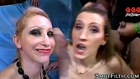 Kinky euro babes swap guzzle cum facials