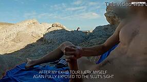 Petite Italian brunette teen flashes thong panties topless on beach gives handjob to monster cock slut