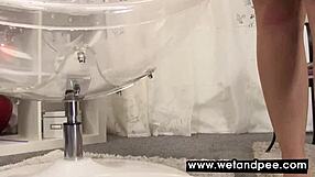 Wet girl squirts messy with dildo in solo toy orgasm frenzy.