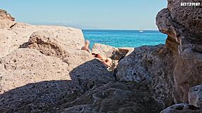 Petite Italian brunette teen flashes thong panties topless on beach gives handjob to monster cock slut