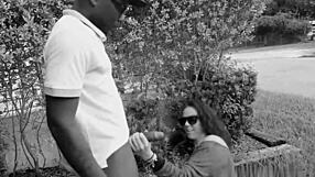 Pregnant slut gags on big black cock deepthroat outside then facial cumshot in broad daylight!