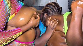Three ebony BBW big-titty girls, wanna see their huge-boob lesbian FFF threesome full vid?