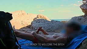 Petite Italian brunette teen flashes thong panties topless on beach gives handjob to monster cock slut