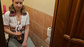 girl rams strapon deep in guy's ass right in the toilet!