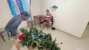 Busty stepdaughter unwraps her body as New Year's gift for stepdad