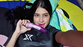 colombian housewife teases her wet pussy with dildo in see through panties?