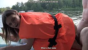 three guys pickup girl on boat for group blowjob creampie fun