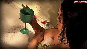 Hot Brunette's Shaved Pussy Dripping During Intense Footjob Lick Fest