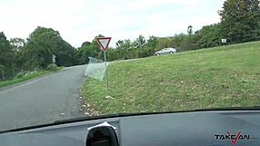 Blondie in the backseat spreads her shaved muff wide for doggy pounding and loud moans outdoors.