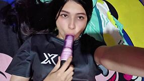 colombian housewife teases her wet pussy with dildo in see through panties?