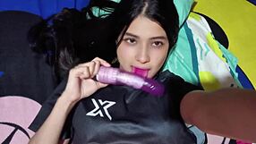 colombian housewife teases her wet pussy with dildo in see through panties?