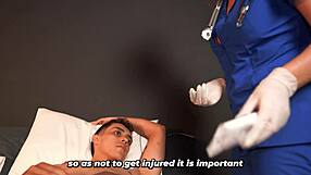 Big-Titted Doctor Examines Muscular Patient's Huge Cock on Bed