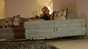 mini skirt milf no panties no bra flashes pussy tits legs on couch reading!