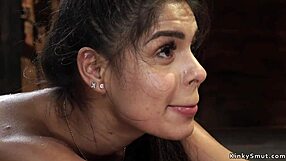 Petite Waxed Slave Hogtied and Toyed to Squirting Climax