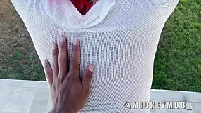 Santana Red sucks huge cock on outdoor beach