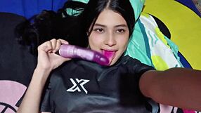 colombian housewife teases her wet pussy with dildo in see through panties?