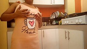 Busty Big Ass Stepmom Fingers Her Shaved Pussy Masturbating Wild in Kitchen Solo Session
