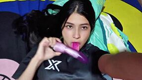 colombian housewife teases her wet pussy with dildo in see through panties?