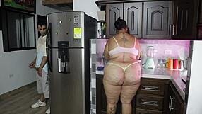 Stepson spies busty latina stepmom bent over kitchen counter