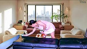 Cleaning Lady's Shaved Pussy Gaped by Monster Cock Tease