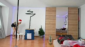 Blonde worships ass while pole dancing Christmas style