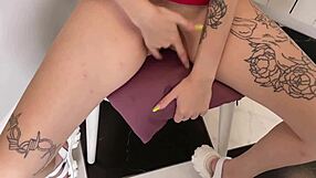 ever wonder what makes this busty brunette explode in the kitchen chair?