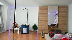 Blonde worships ass while pole dancing Christmas style