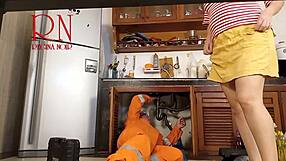 cheating housewife tempts plumber while cuck hubby watches in kitchen