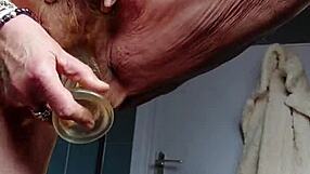 granny fucks hairy beaver hard with huge dildo!