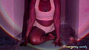 POV Curvy Ebony Neighbor's Home Yoga Workout. Oiled Big Ass Squirts On Mat