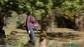 Bikini Lesbians Massage Each Other Outdoors By Pool In Garden